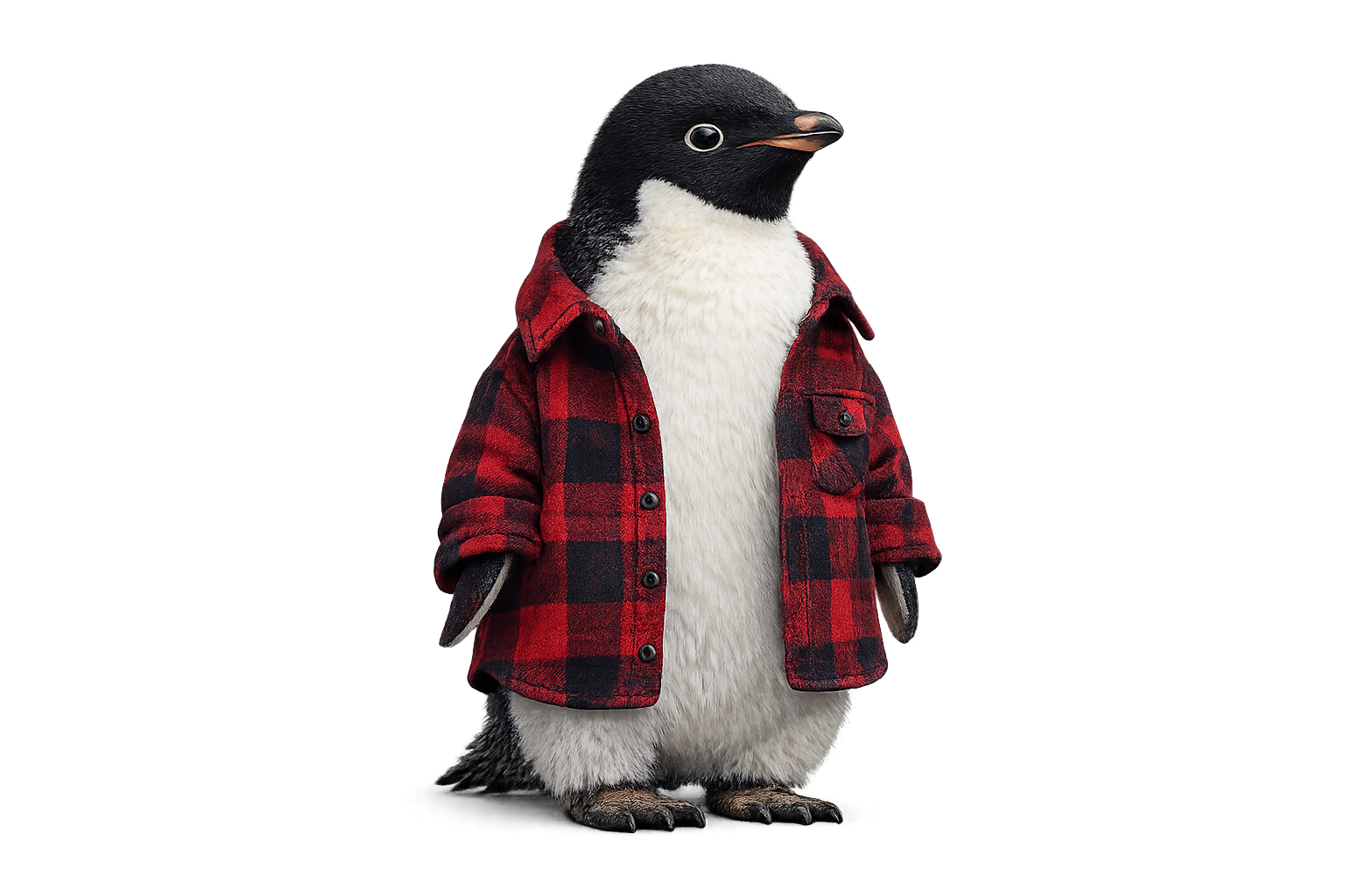 Lalo’s penguin character in a red plaid shirt